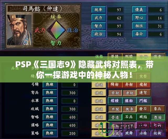 PSP《三國志9》隱藏武將對照表，帶你一探游戲中的神秘人物！